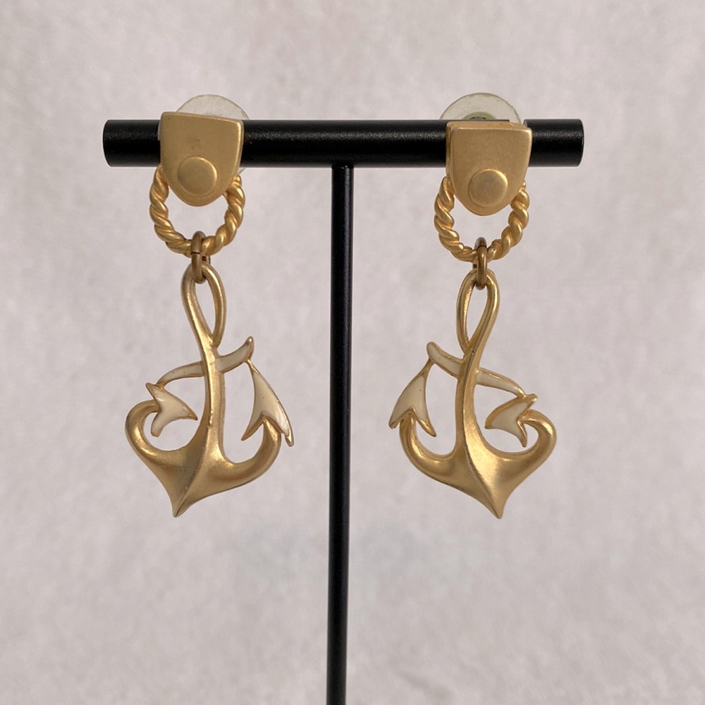 Vintage Gold Tone Dangle Earrings with Enamel Trim